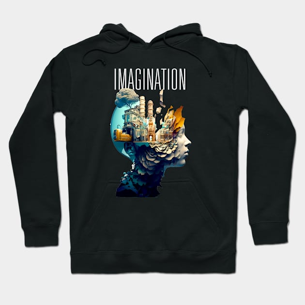 Imagination: Where Wonders Are Born -- A digital illustration of a young person's mind and imagining thru the wonderment of their imagination with the word "Imagine" above on a Dark Background Hoodie by Puff Sumo